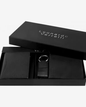 Δερμάτινο σετ δώρου πορτοφόλι, θήκη καρτών και μπρελόκ μαύρα Leonardo Verrelli