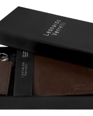 Δερμάτινο σετ δώρου πορτοφόλι και μπρελόκ καφέ σκούρο Leonardo Verrelli