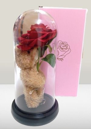 Γυάλα διακοσμητική με αρκουδάκι και τριαντάφυλλο