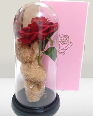 Γυάλα διακοσμητική με αρκουδάκι και τριαντάφυλλο